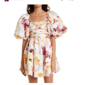 Aje Dassia Puff Sleeve Cotton Minidress Desert Rose Floral Open Back Size 8